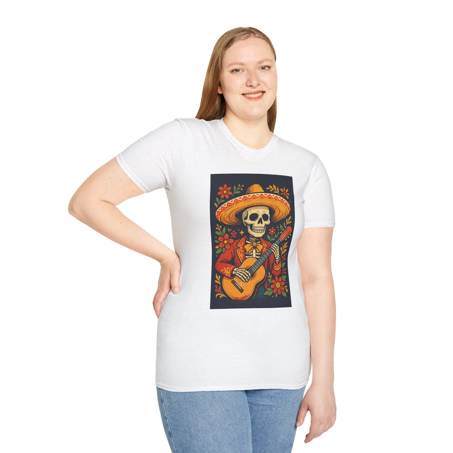 Day of the Dead Guitar Skeleton T-Shirt | Unisex Softstyle T-Shirt | Vibrant Colorful Skeleton