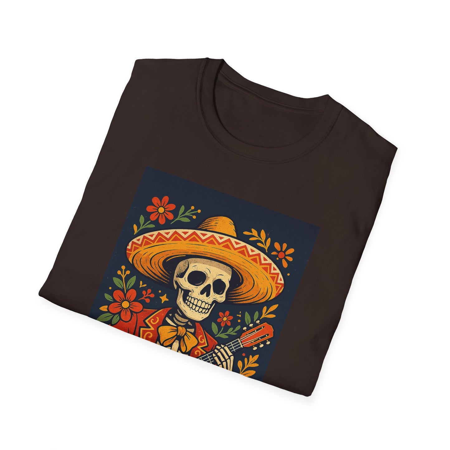 Day of the Dead Guitar Skeleton T-Shirt | Unisex Softstyle T-Shirt | Vibrant Colorful Skeleton