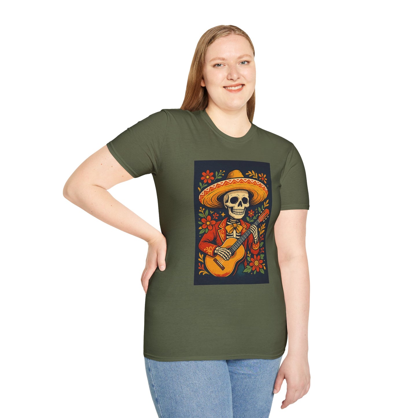 Day of the Dead Guitar Skeleton T-Shirt | Unisex Softstyle T-Shirt | Vibrant Colorful Skeleton