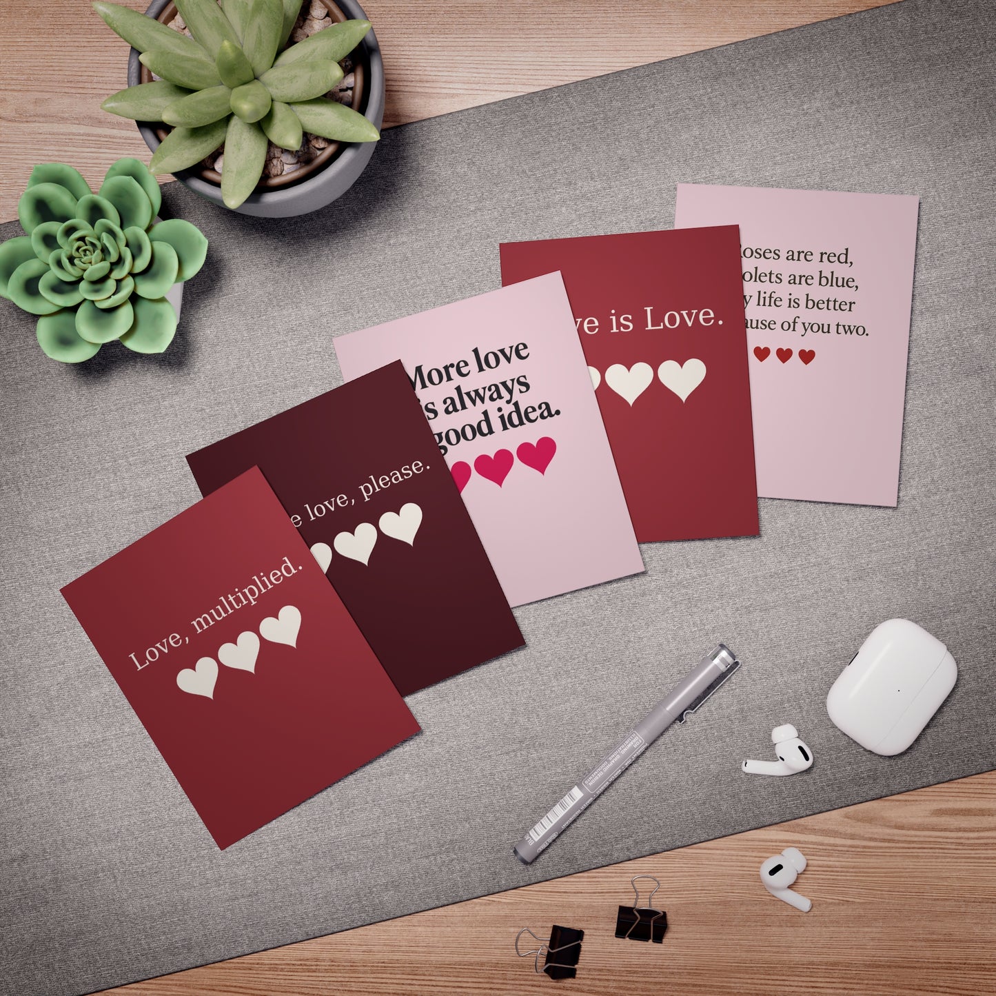 Love Hearts Greeting Cards 5-Pack | Romantic Note Cards | Throuple Valentine's Day Cards