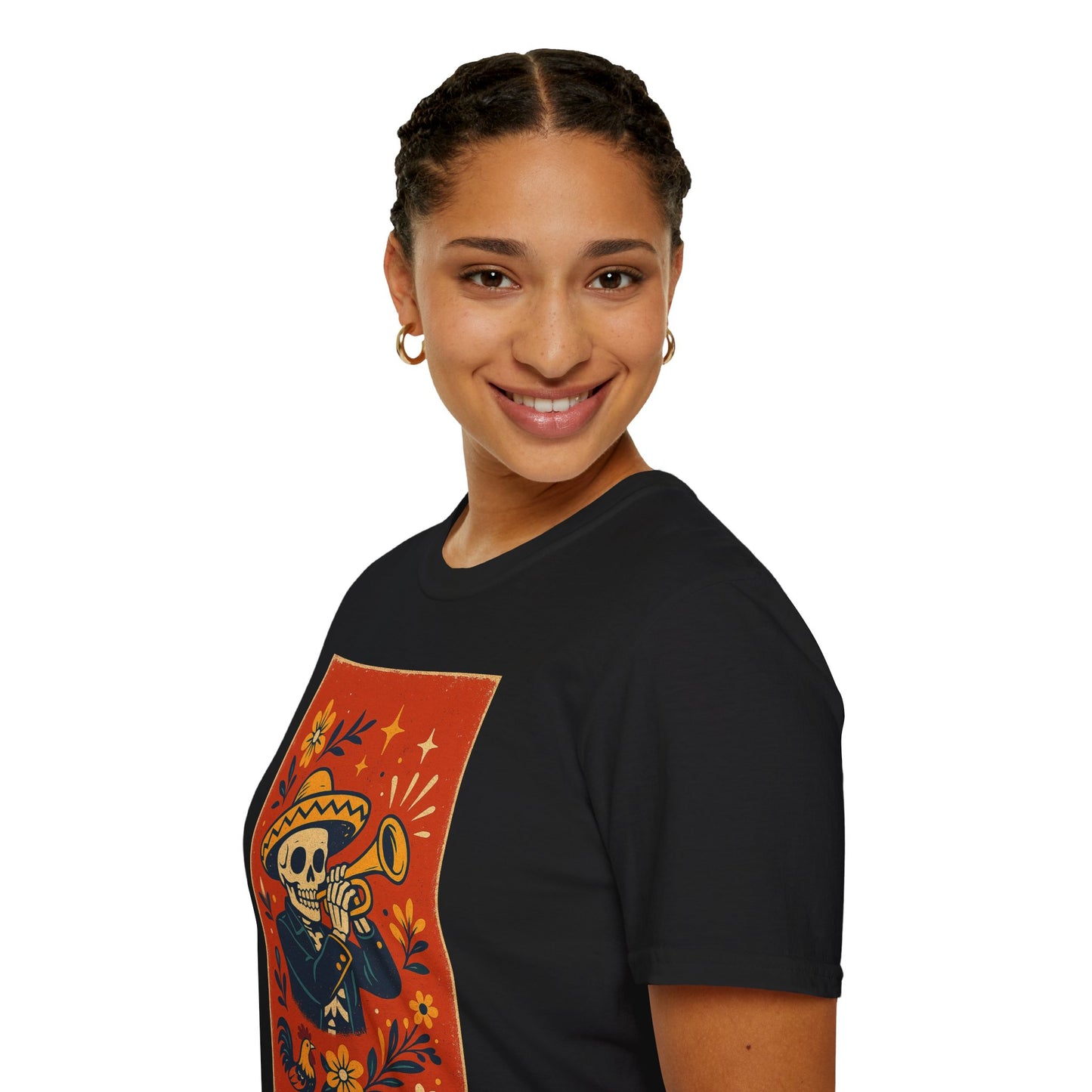Day of the Dead Skeleton T-Shirt | Unisex Softstyle T-Shirt | Trumpet Playing Skeleton