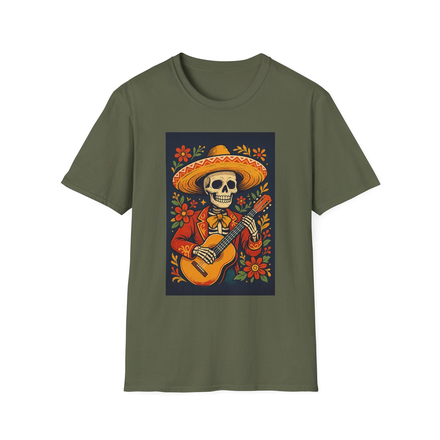 Day of the Dead Guitar Skeleton T-Shirt | Unisex Softstyle T-Shirt | Vibrant Colorful Skeleton