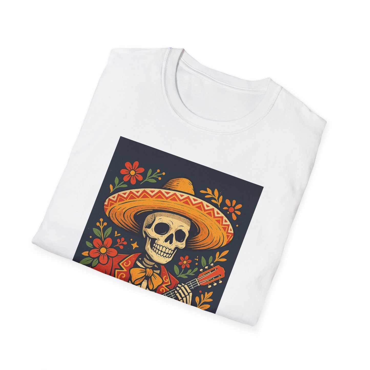 Day of the Dead Guitar Skeleton T-Shirt | Unisex Softstyle T-Shirt | Vibrant Colorful Skeleton