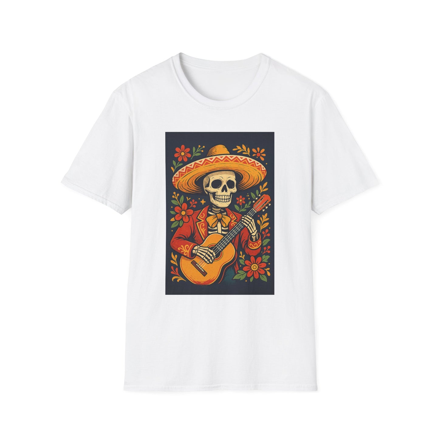 Day of the Dead Guitar Skeleton T-Shirt | Unisex Softstyle T-Shirt | Vibrant Colorful Skeleton