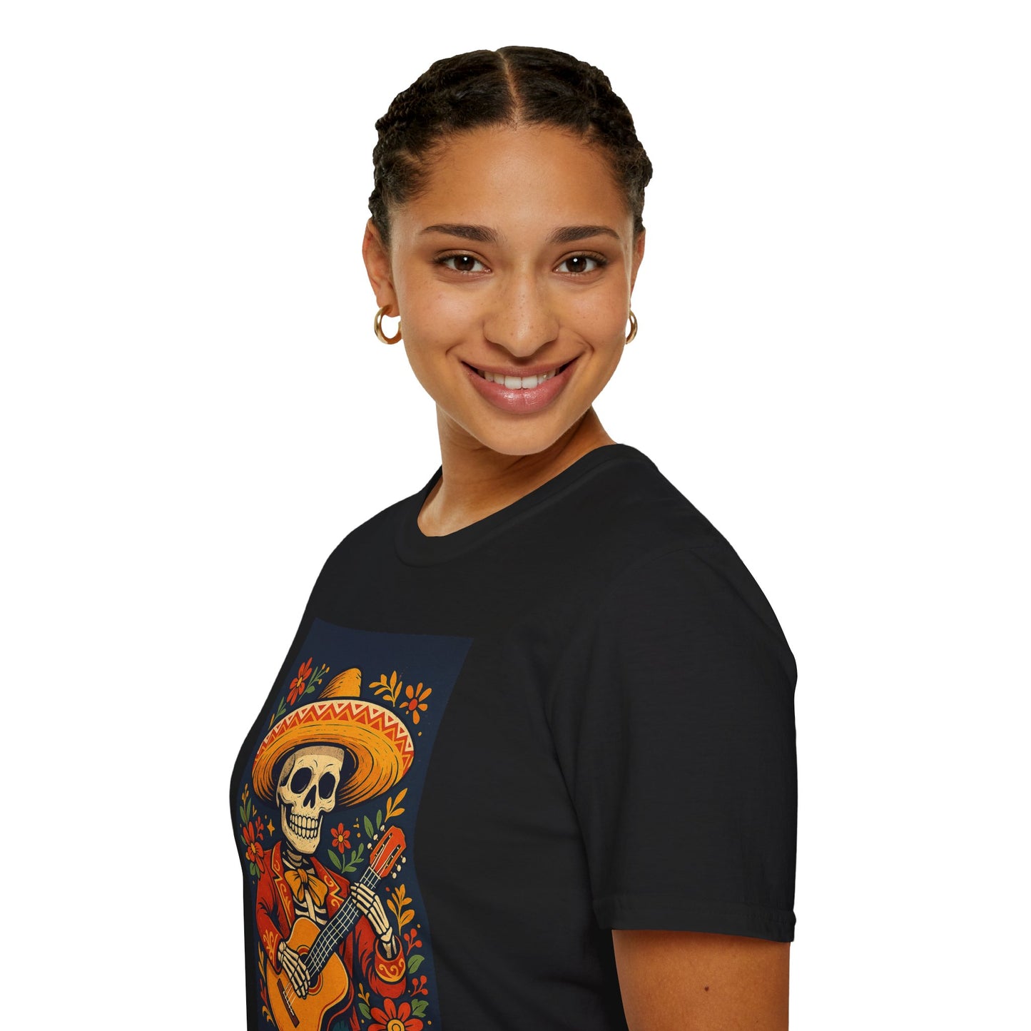Day of the Dead Guitar Skeleton T-Shirt | Unisex Softstyle T-Shirt | Vibrant Colorful Skeleton
