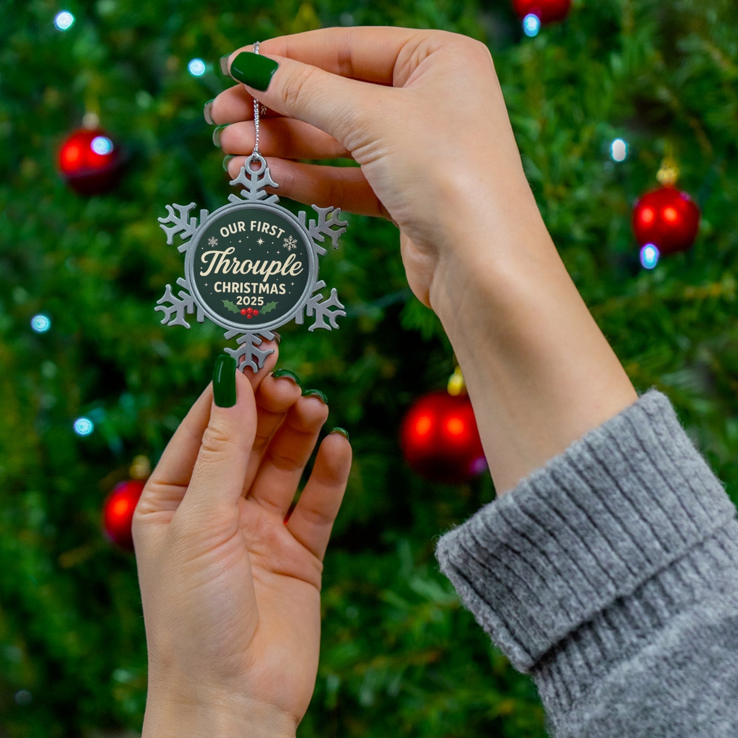 Our First Throuple Christmas Ornament 2025 | Snowflake Holiday Keepsake | Polyamory Ornament | Unique Couple + Throuple Gift