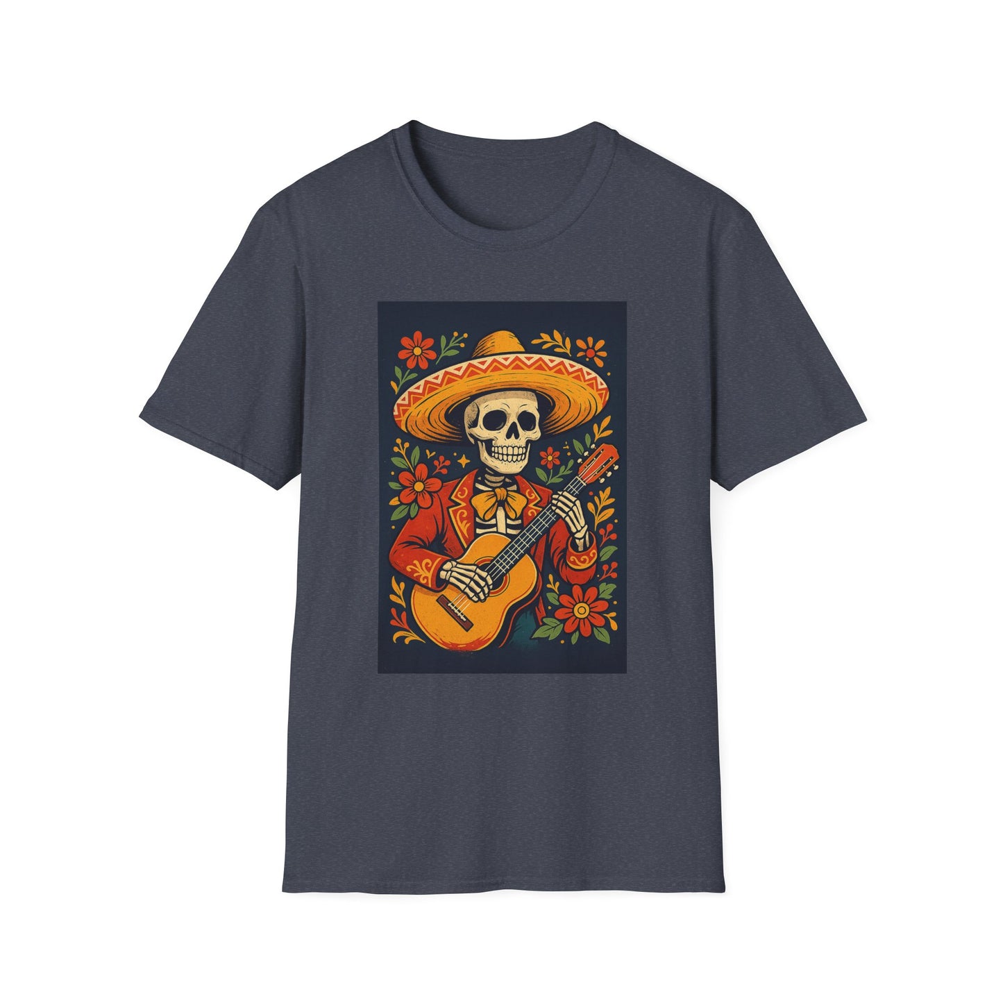 Day of the Dead Guitar Skeleton T-Shirt | Unisex Softstyle T-Shirt | Vibrant Colorful Skeleton