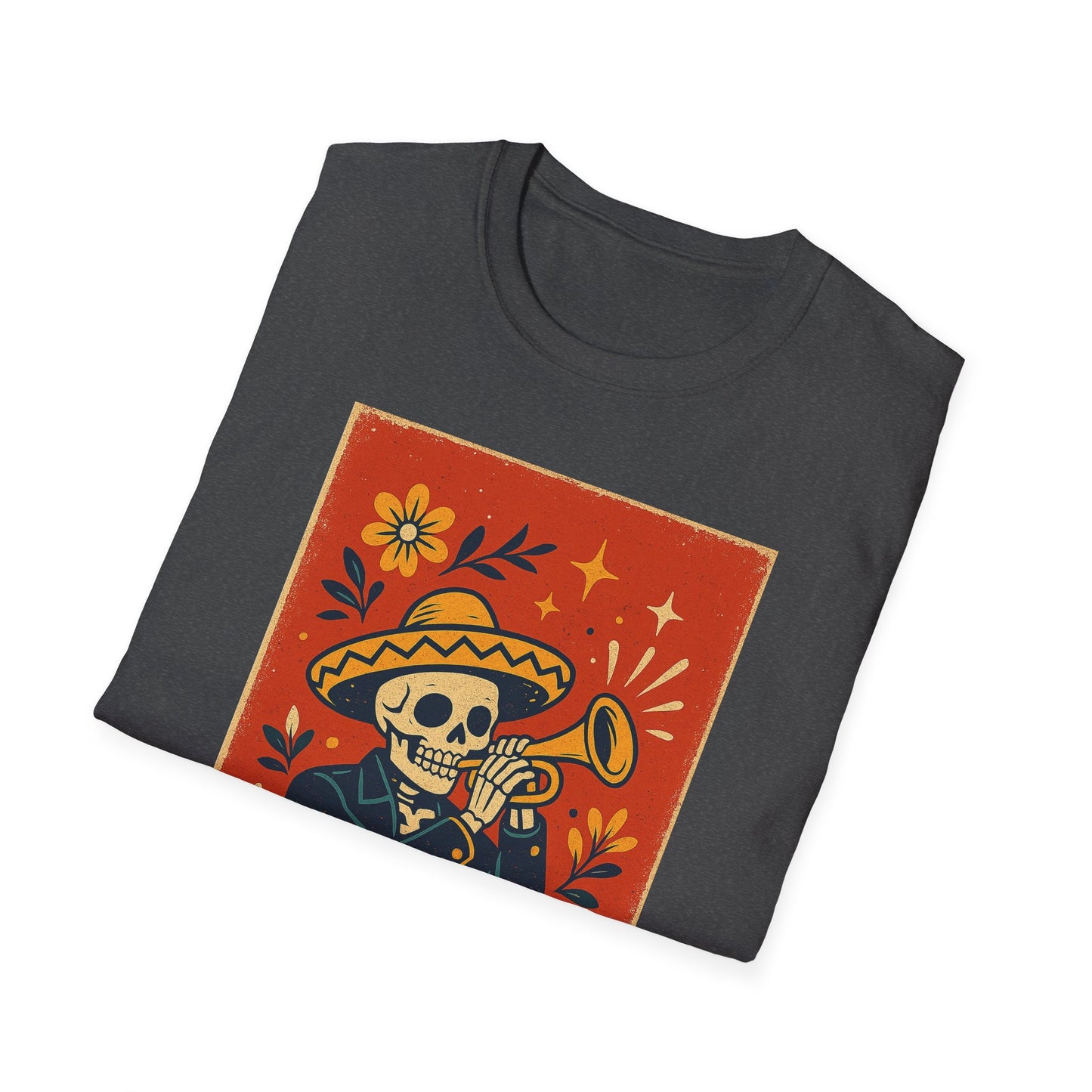Day of the Dead Skeleton T-Shirt | Unisex Softstyle T-Shirt | Trumpet Playing Skeleton