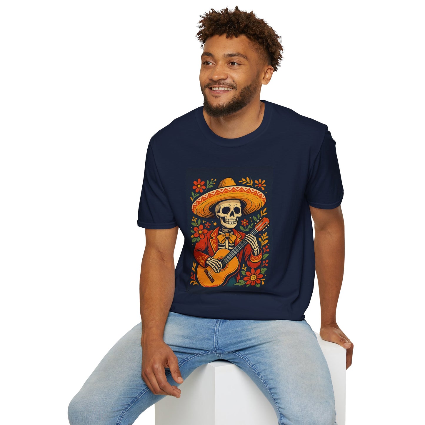Day of the Dead Guitar Skeleton T-Shirt | Unisex Softstyle T-Shirt | Vibrant Colorful Skeleton