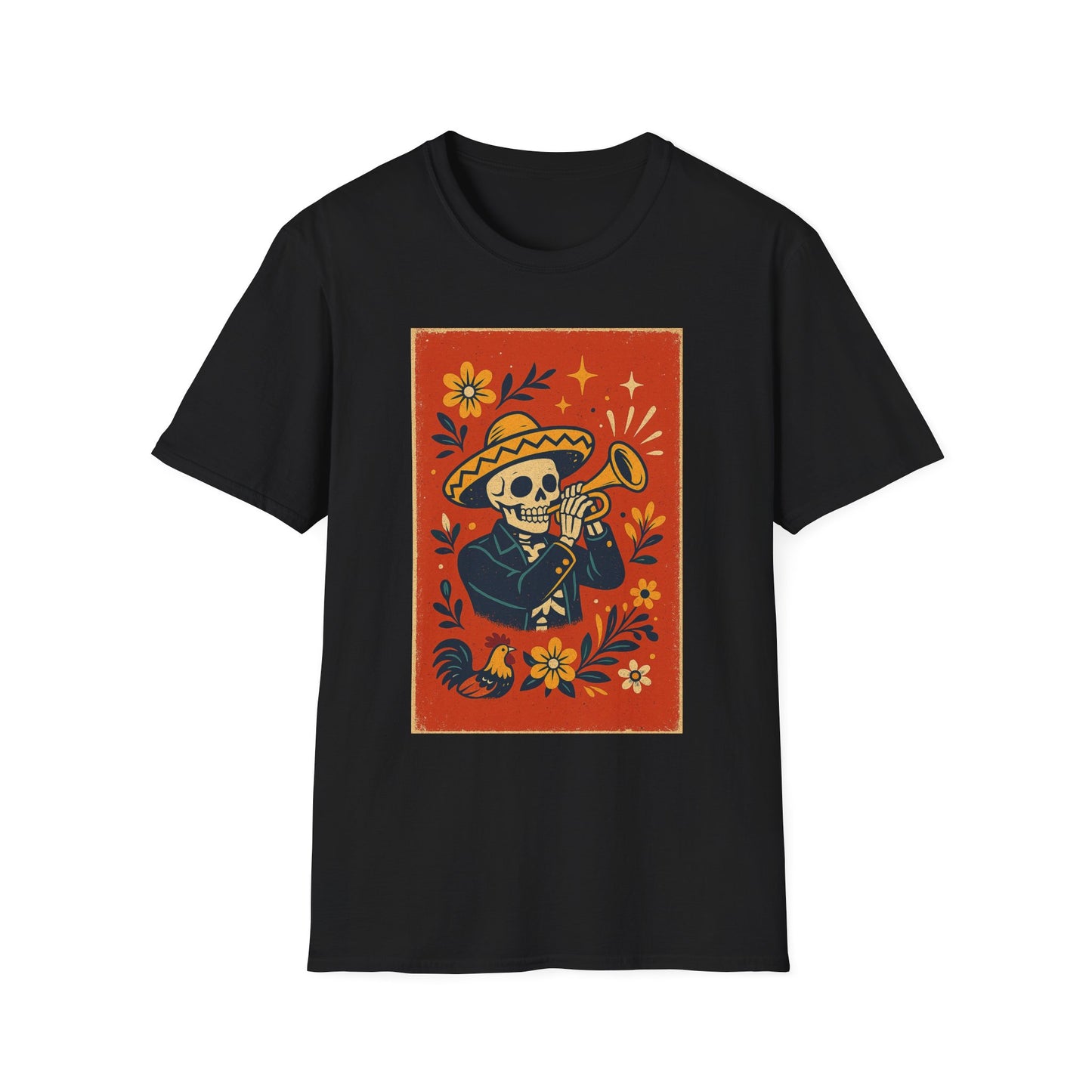Day of the Dead Skeleton T-Shirt | Unisex Softstyle T-Shirt | Trumpet Playing Skeleton