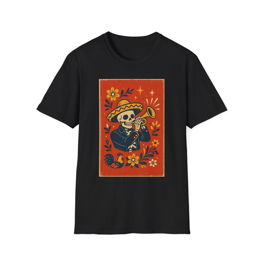 Day of the Dead Skeleton T-Shirt | Unisex Softstyle T-Shirt | Trumpet Playing Skeleton