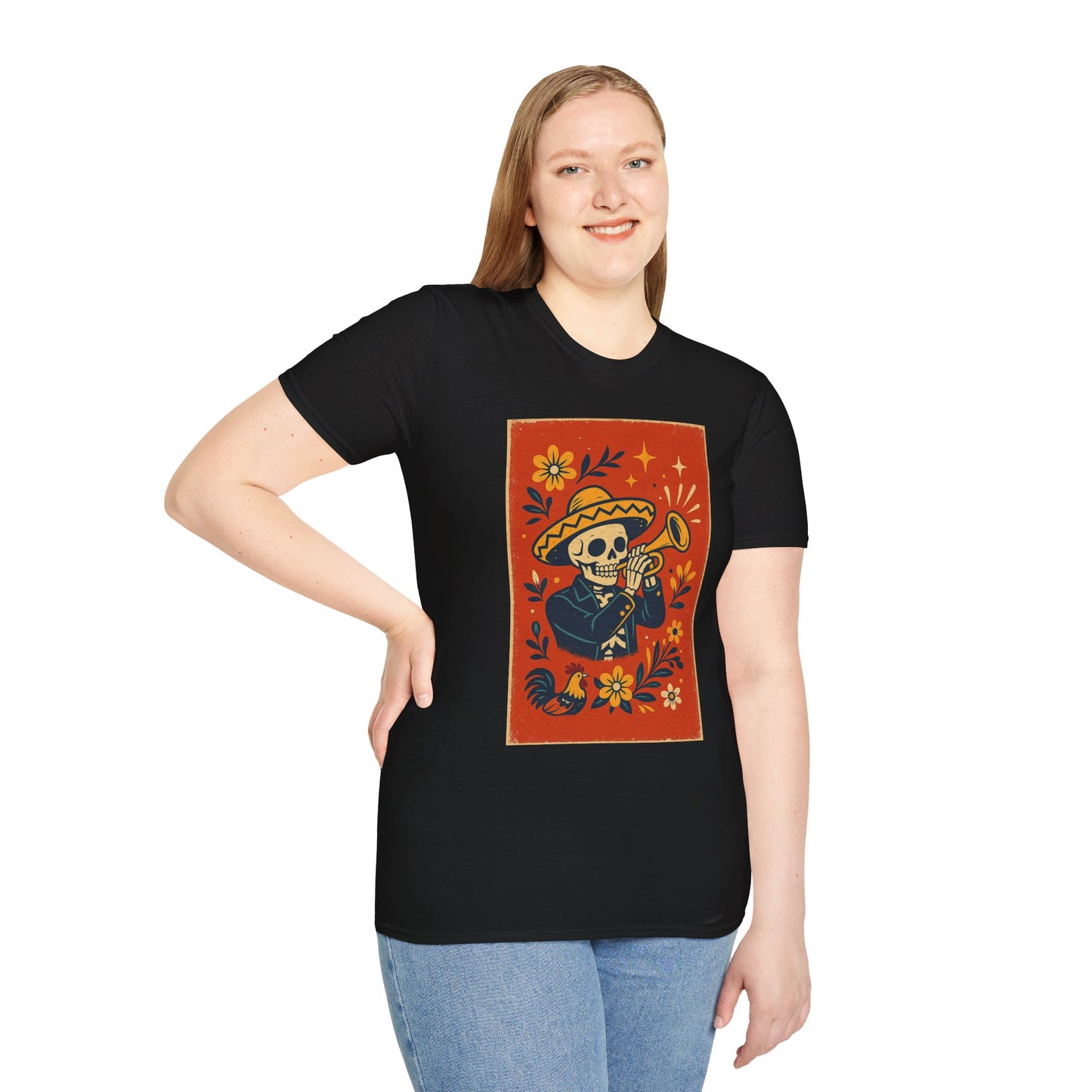 Day of the Dead Skeleton T-Shirt | Unisex Softstyle T-Shirt | Trumpet Playing Skeleton