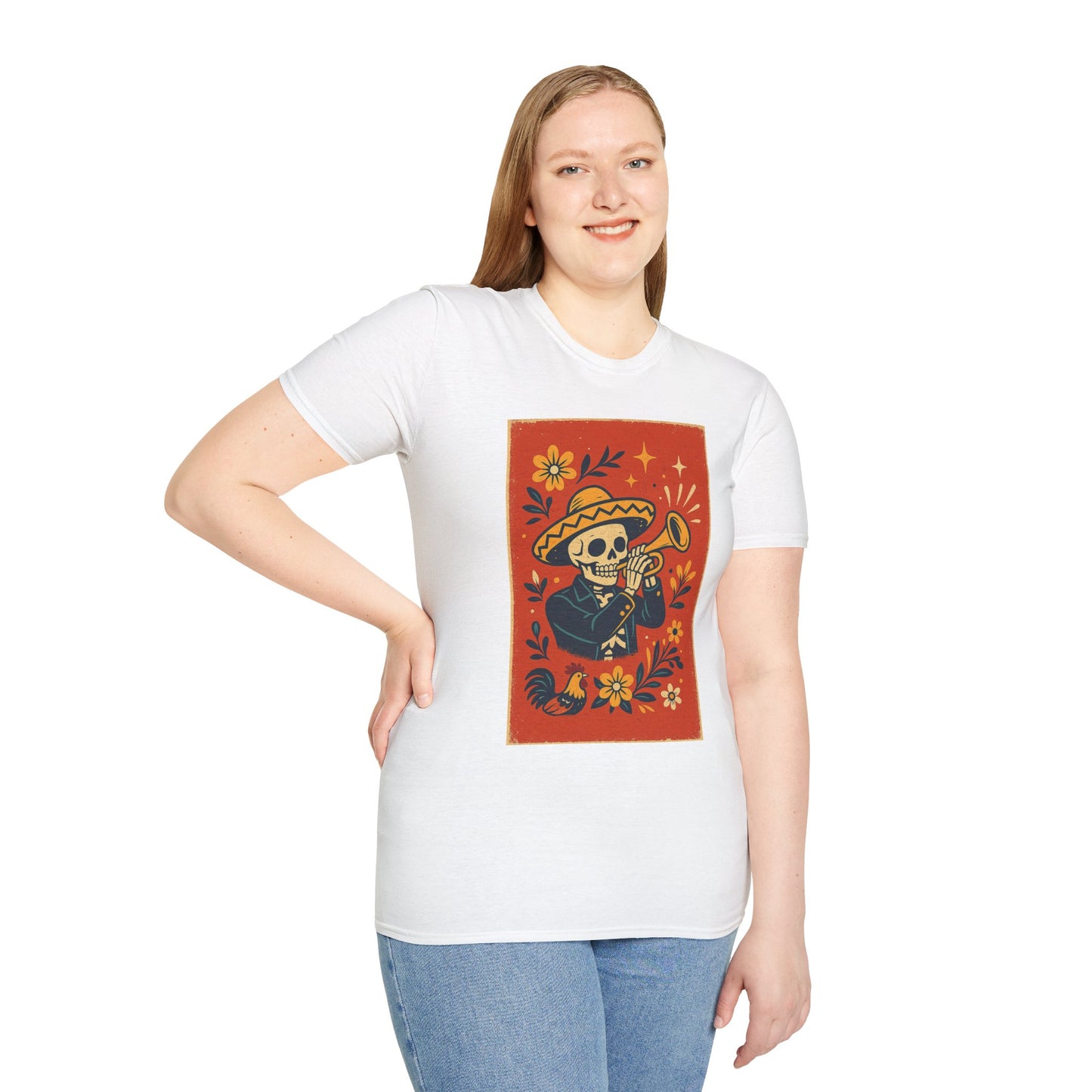 Day of the Dead Skeleton T-Shirt | Unisex Softstyle T-Shirt | Trumpet Playing Skeleton