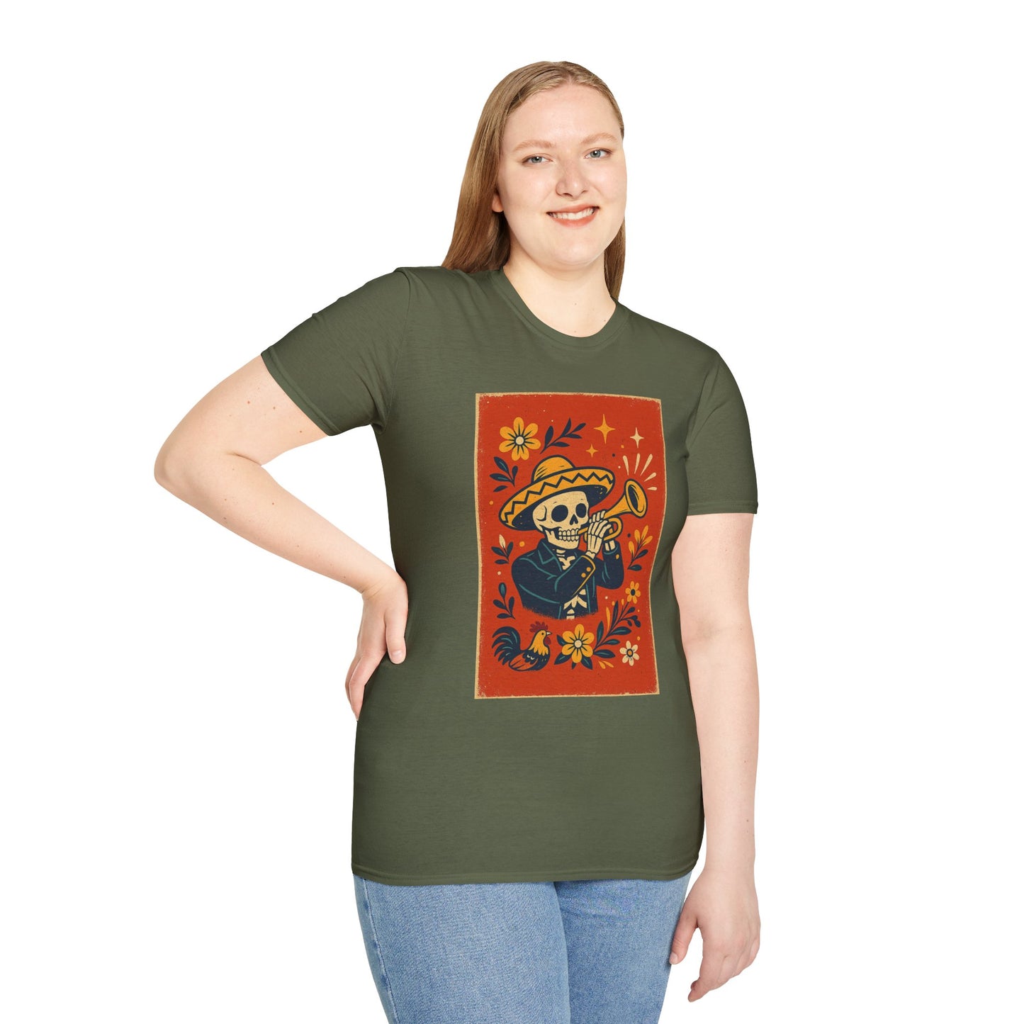 Day of the Dead Skeleton T-Shirt | Unisex Softstyle T-Shirt | Trumpet Playing Skeleton