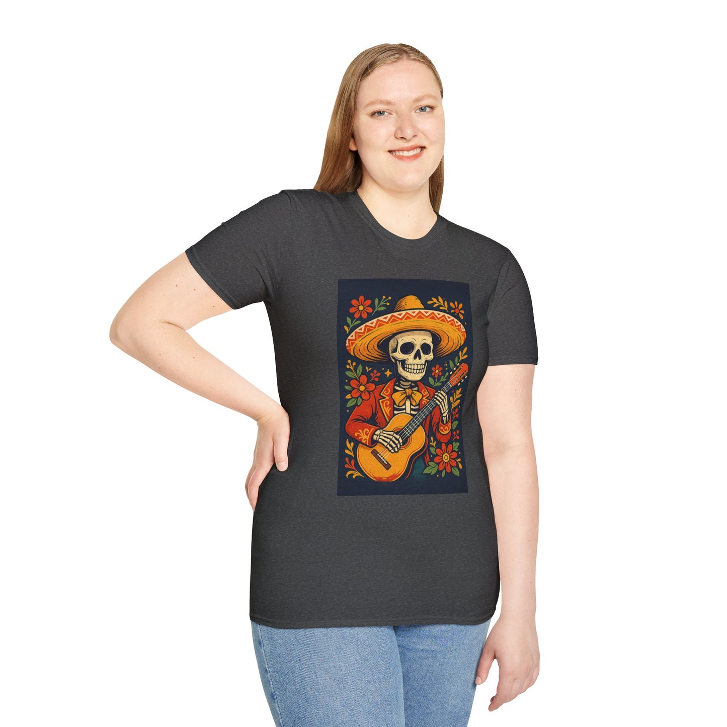 Day of the Dead Guitar Skeleton T-Shirt | Unisex Softstyle T-Shirt | Vibrant Colorful Skeleton