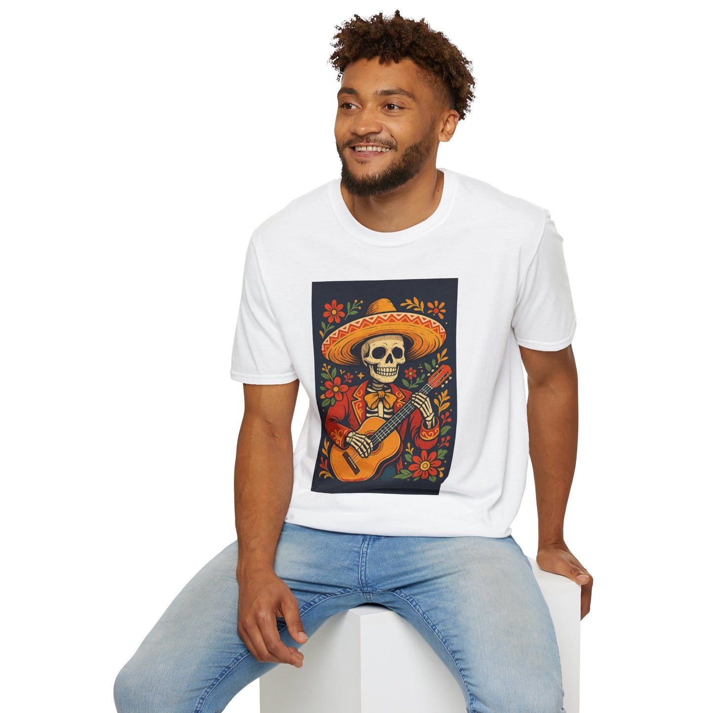Day of the Dead Guitar Skeleton T-Shirt | Unisex Softstyle T-Shirt | Vibrant Colorful Skeleton