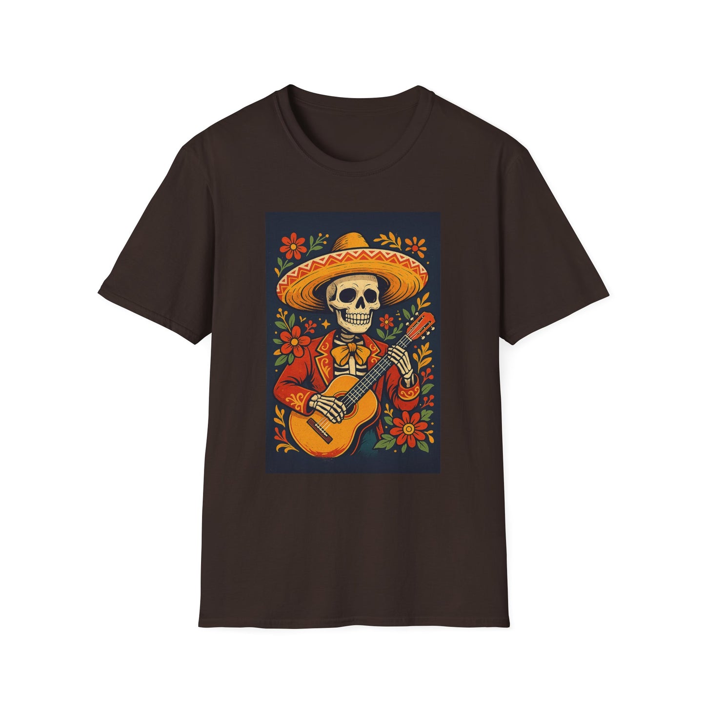 Day of the Dead Guitar Skeleton T-Shirt | Unisex Softstyle T-Shirt | Vibrant Colorful Skeleton