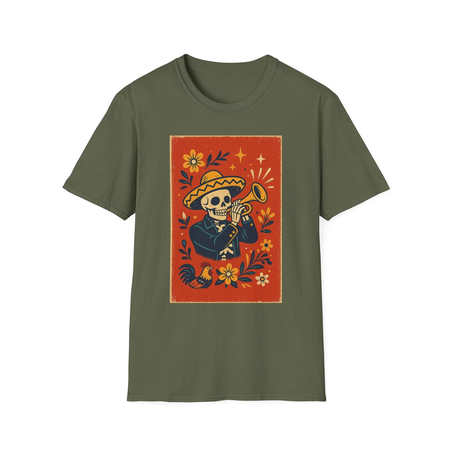 Day of the Dead Skeleton T-Shirt | Unisex Softstyle T-Shirt | Trumpet Playing Skeleton