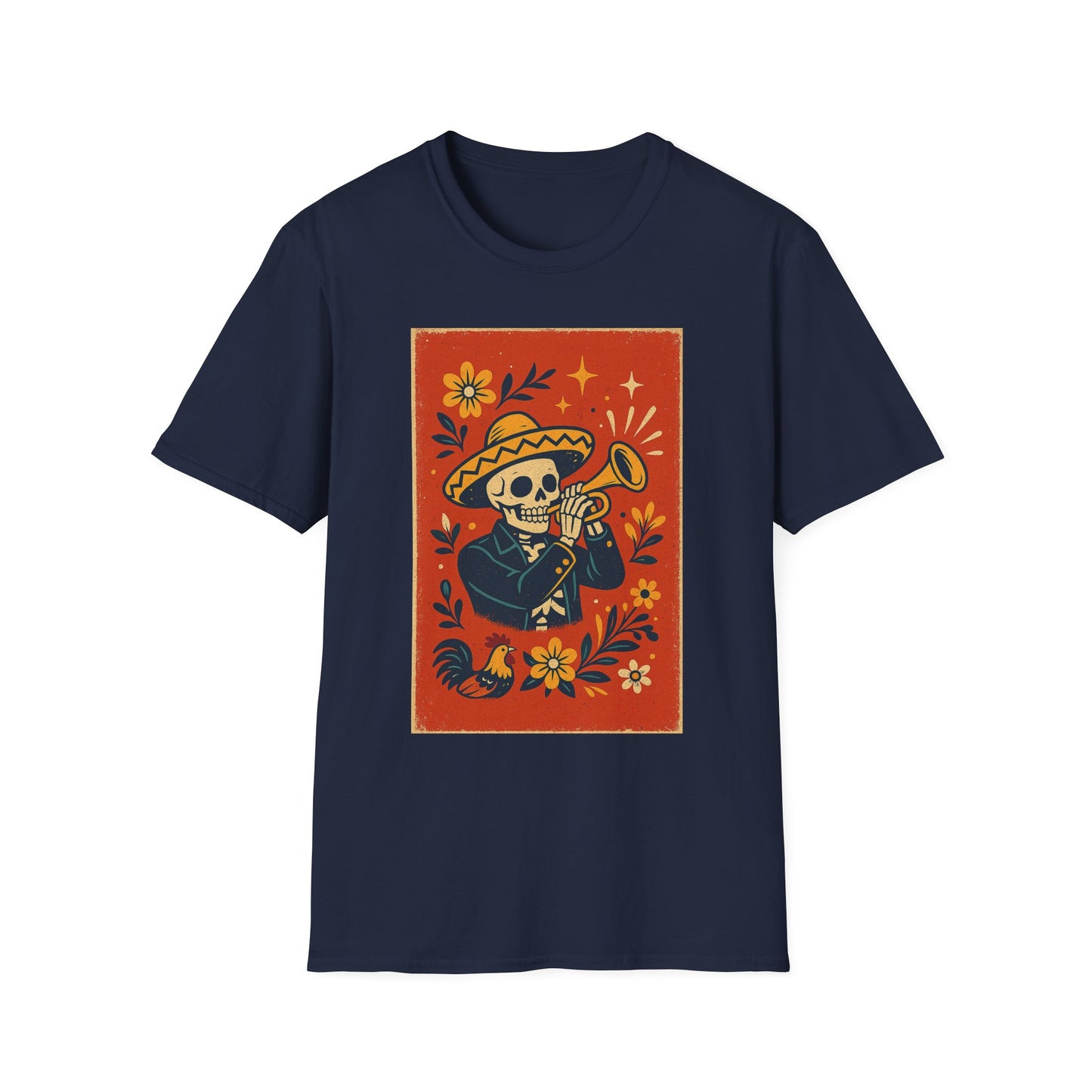 Day of the Dead Skeleton T-Shirt | Unisex Softstyle T-Shirt | Trumpet Playing Skeleton