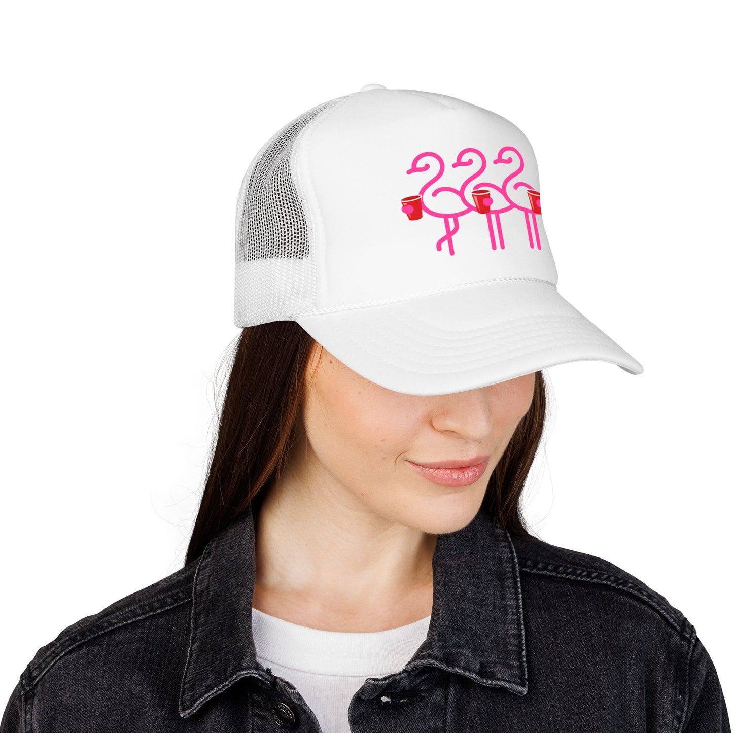 Pink Flamingo Trio Foam Trucker Hat | Retro Beach Party Mesh Cap | Red Cup Throuple Life