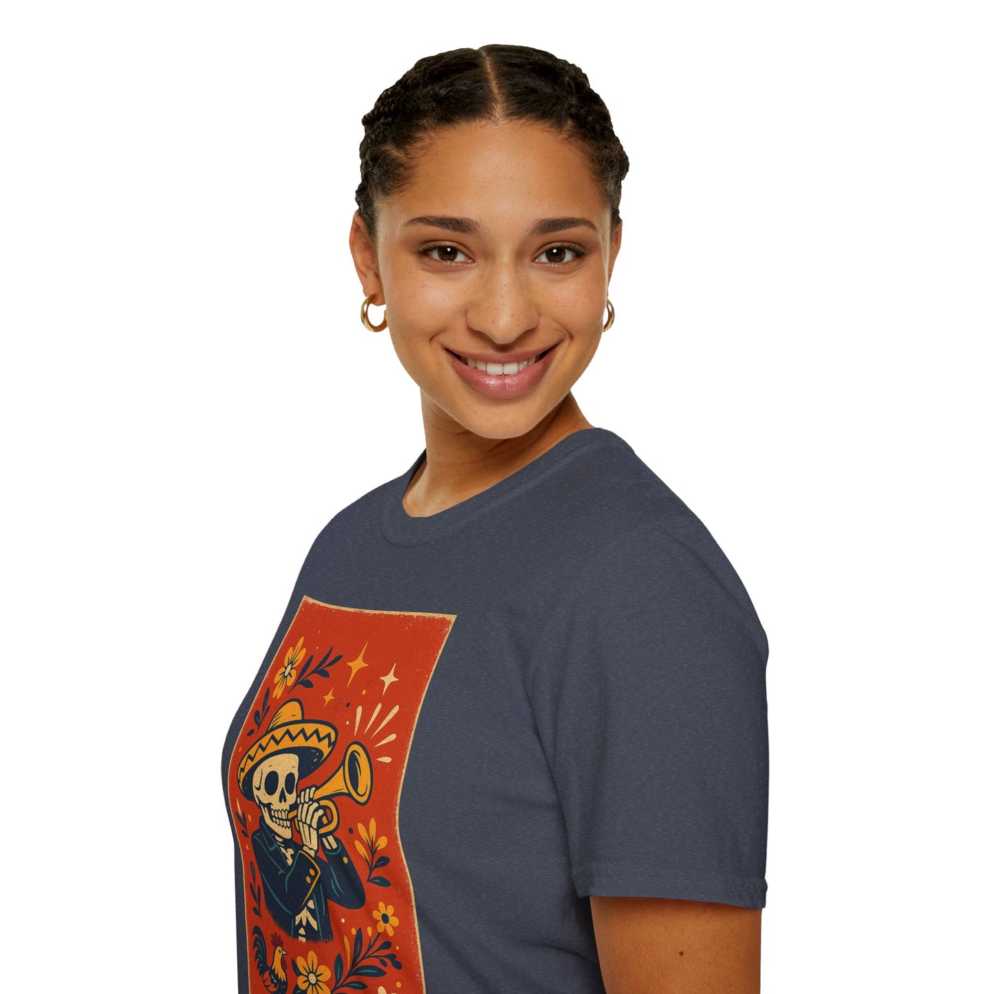 Day of the Dead Skeleton T-Shirt | Unisex Softstyle T-Shirt | Trumpet Playing Skeleton
