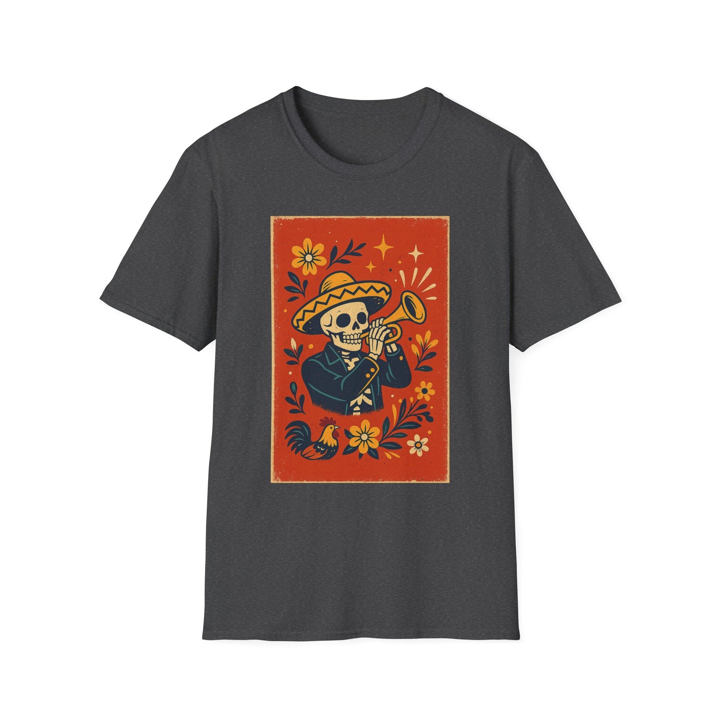Day of the Dead Skeleton T-Shirt | Unisex Softstyle T-Shirt | Trumpet Playing Skeleton