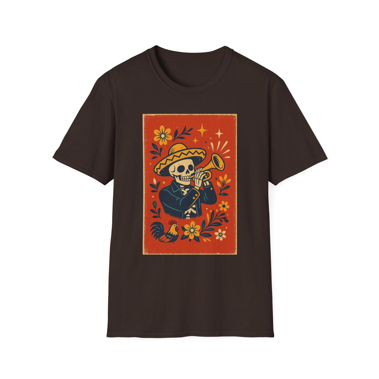 Day of the Dead Skeleton T-Shirt | Unisex Softstyle T-Shirt | Trumpet Playing Skeleton