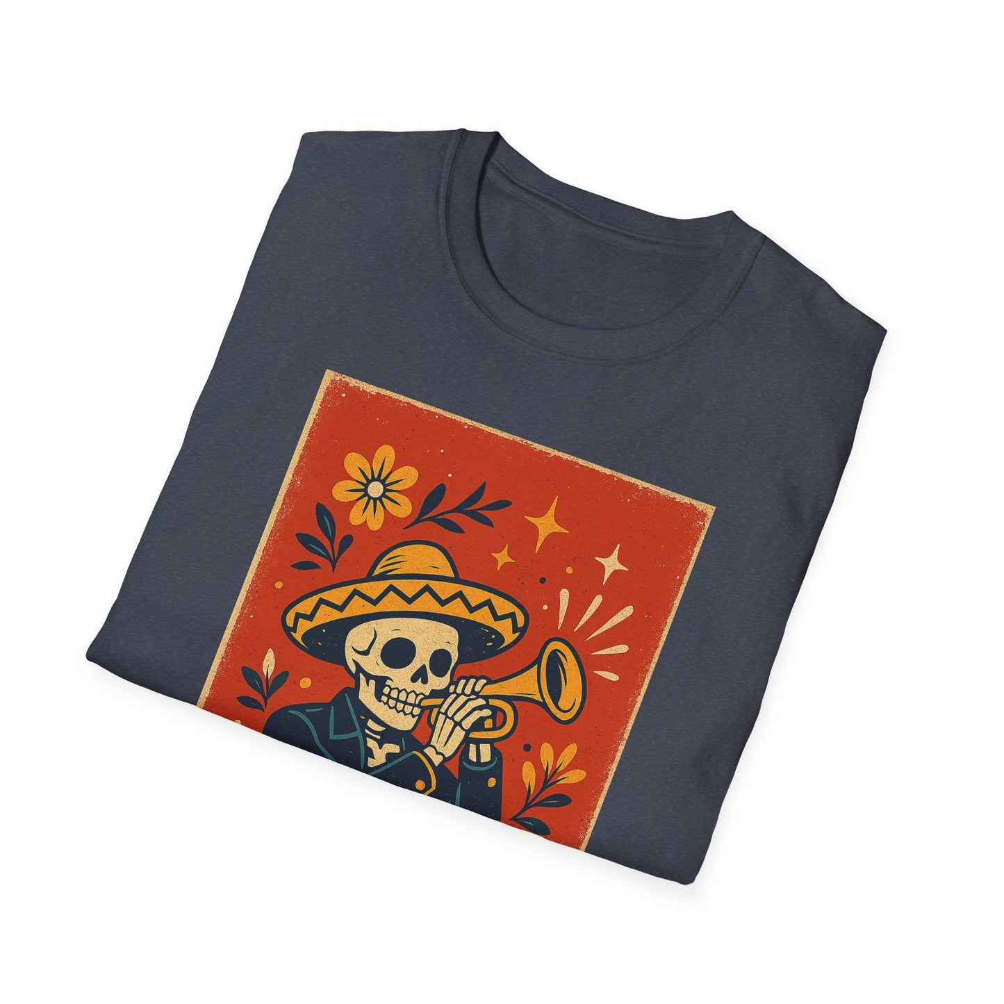 Day of the Dead Skeleton T-Shirt | Unisex Softstyle T-Shirt | Trumpet Playing Skeleton