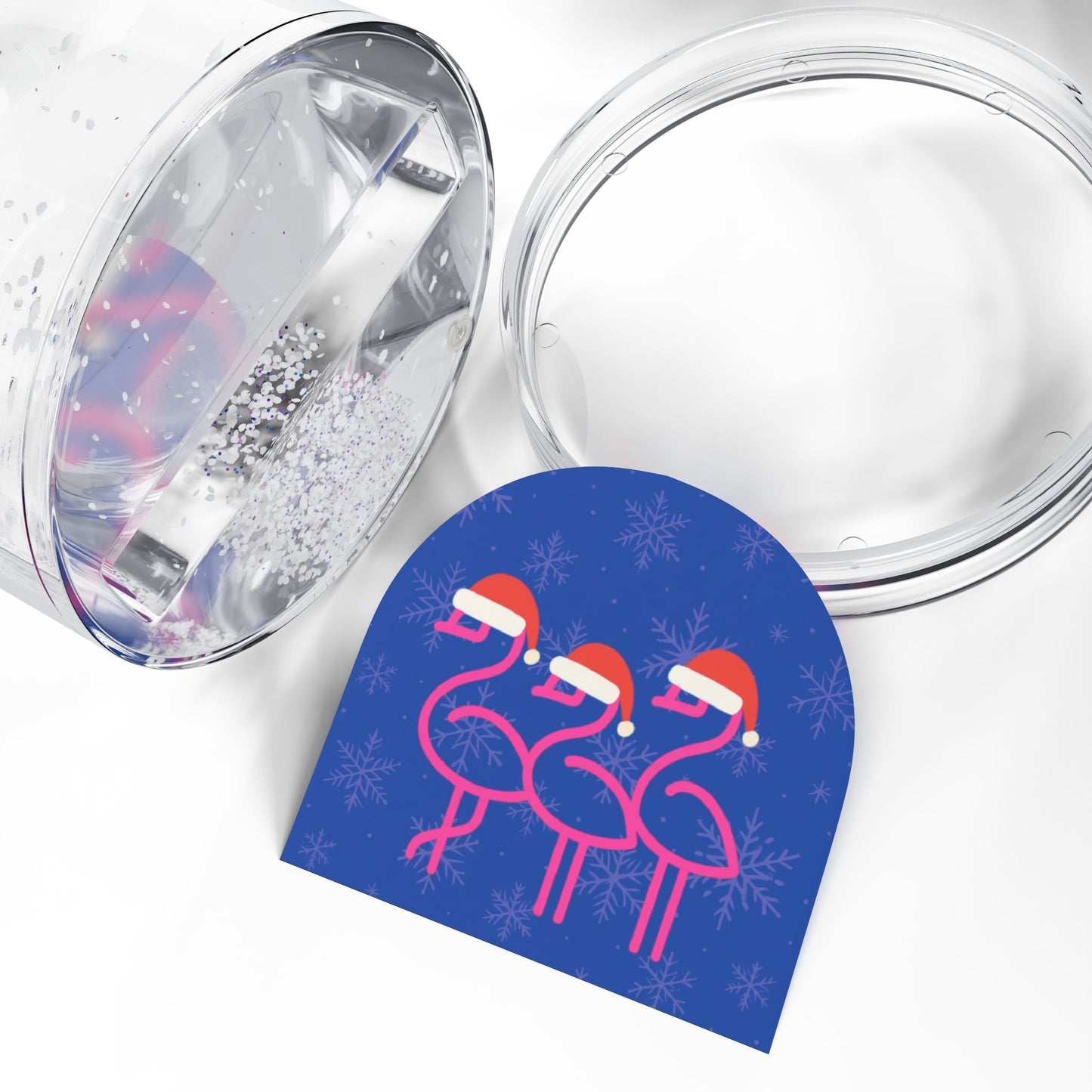 Pink Flamingos in Santa Hats Snow Globe | Holiday Winter Decor | Throuple Snow Globe