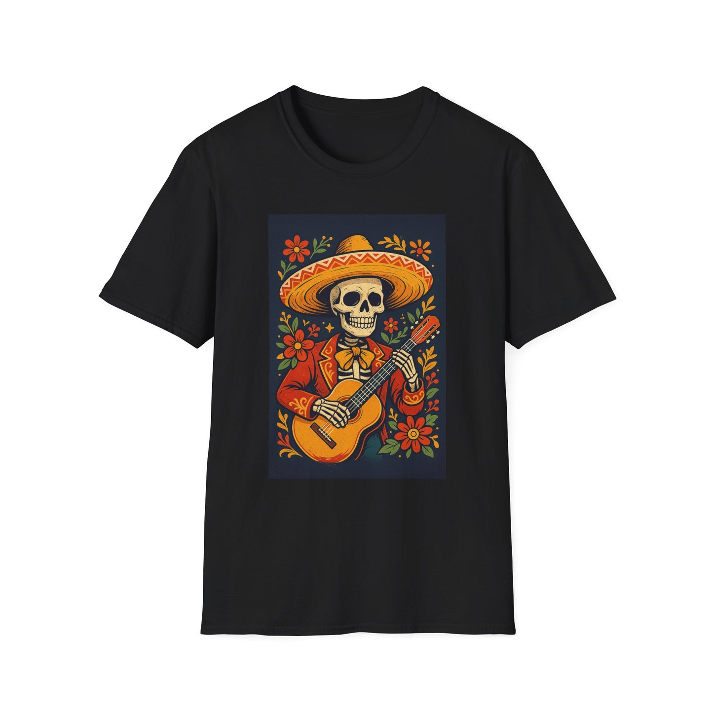 Day of the Dead Guitar Skeleton T-Shirt | Unisex Softstyle T-Shirt | Vibrant Colorful Skeleton