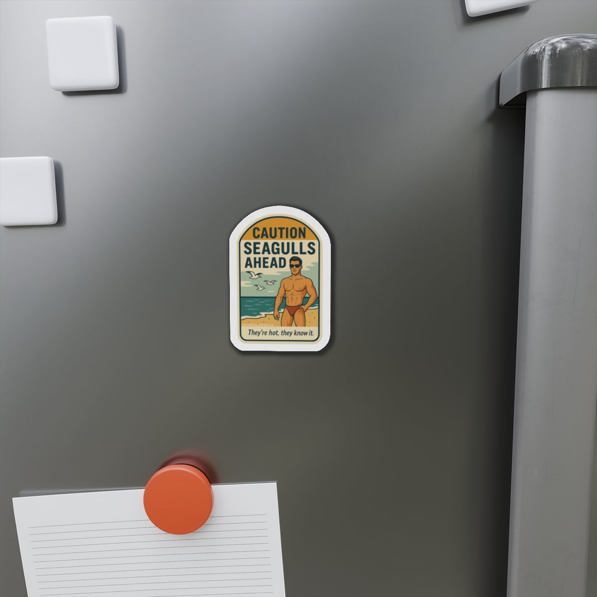 Caution Seagulls Ahead Magnet | Funny Gay Beach Magnet | Queer Pride Gift | Retro Swimsuit Magnet | Hot Lifeguard Sticker Decal