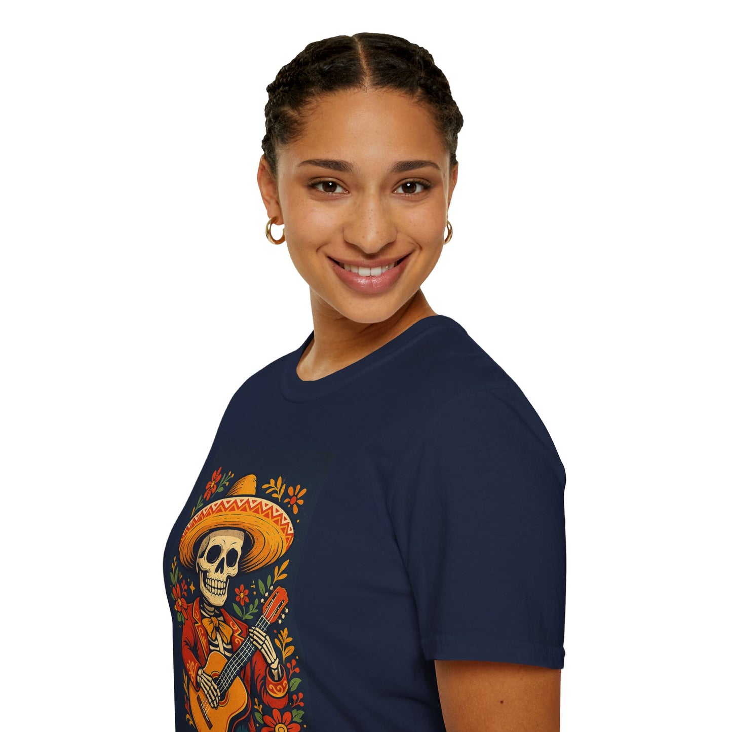 Day of the Dead Guitar Skeleton T-Shirt | Unisex Softstyle T-Shirt | Vibrant Colorful Skeleton