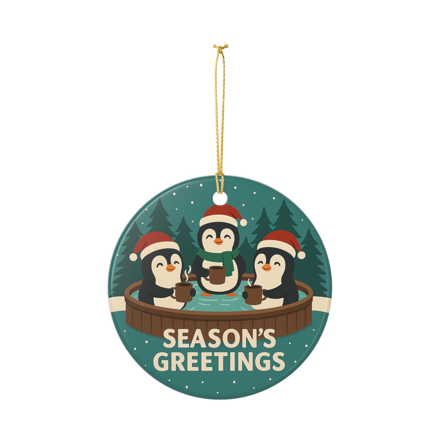 Penguins in Hot Tub Season's Greetings Ornament | Ceramic Holiday Decoration | Throuple Ornament