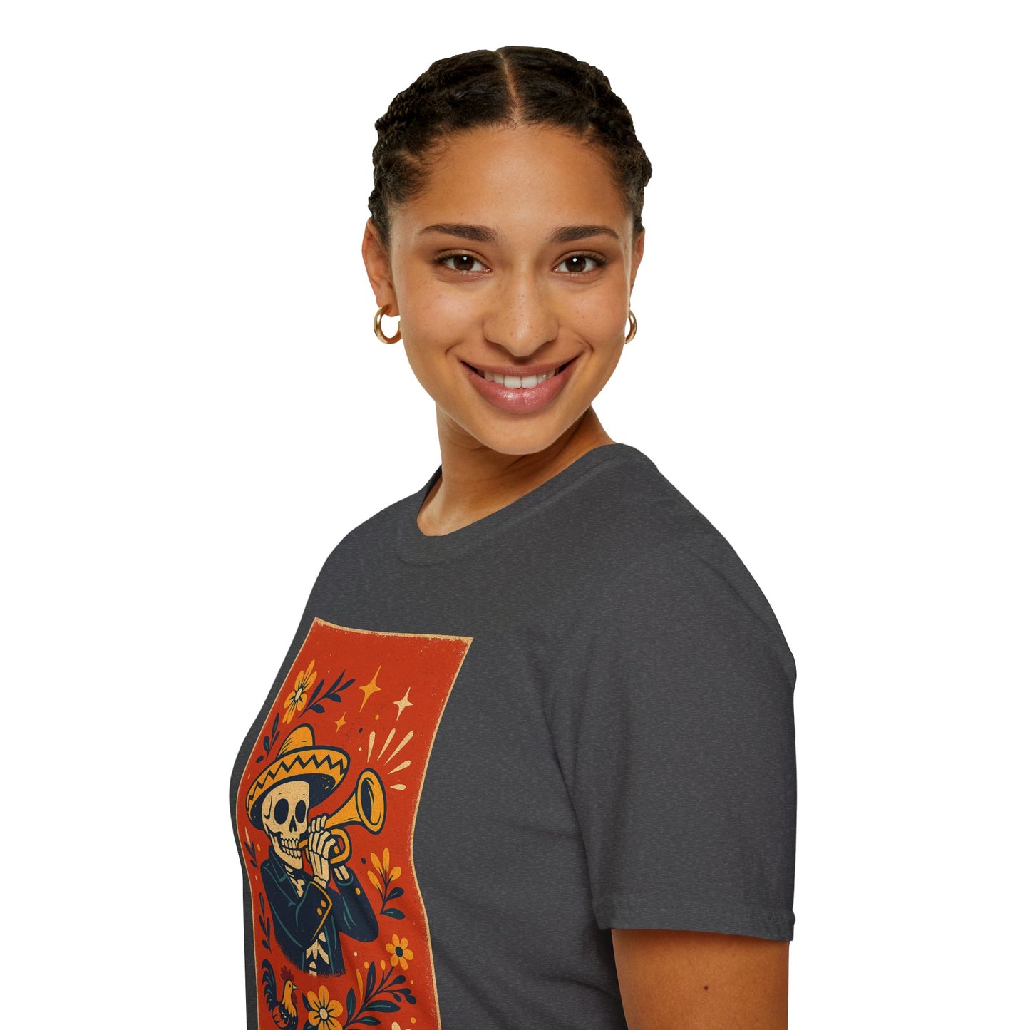 Day of the Dead Skeleton T-Shirt | Unisex Softstyle T-Shirt | Trumpet Playing Skeleton