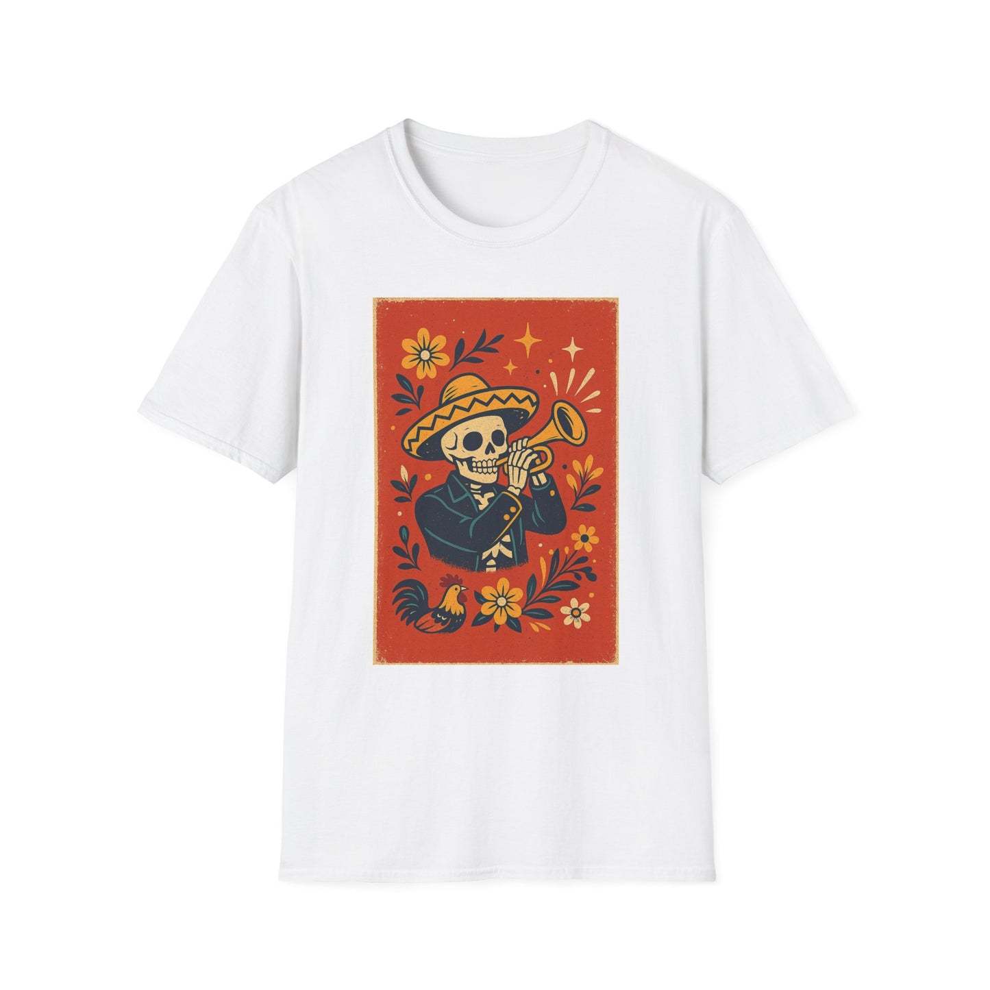 Day of the Dead Skeleton T-Shirt | Unisex Softstyle T-Shirt | Trumpet Playing Skeleton