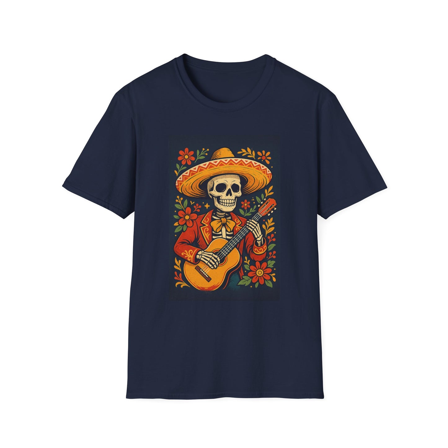 Day of the Dead Guitar Skeleton T-Shirt | Unisex Softstyle T-Shirt | Vibrant Colorful Skeleton