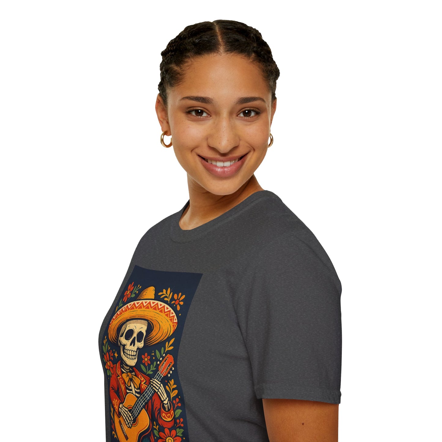 Day of the Dead Guitar Skeleton T-Shirt | Unisex Softstyle T-Shirt | Vibrant Colorful Skeleton