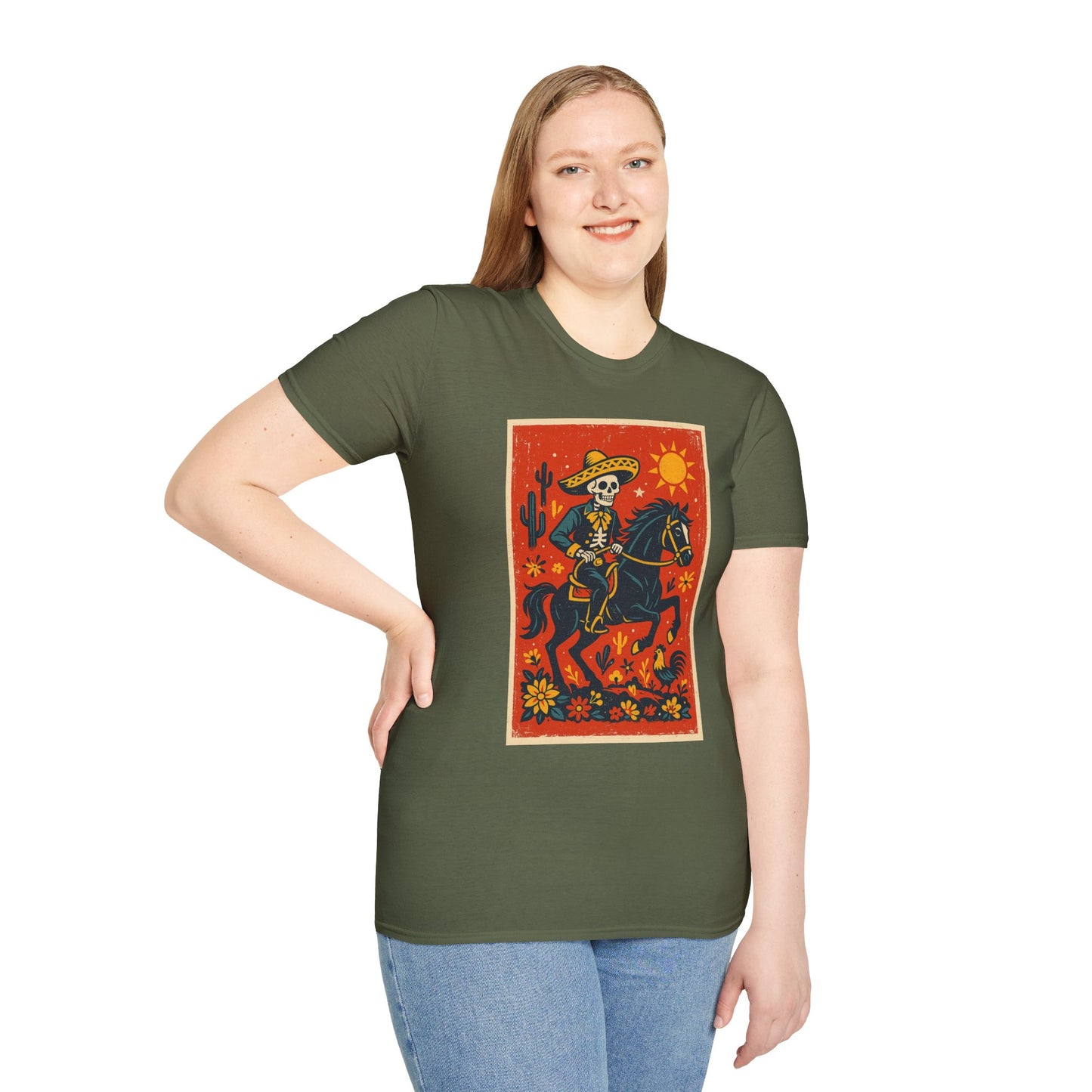Dia de los Muertos Cowboy T-Shirt | Unisex Softstyle T-Shirt | Skeleton Horse Rider