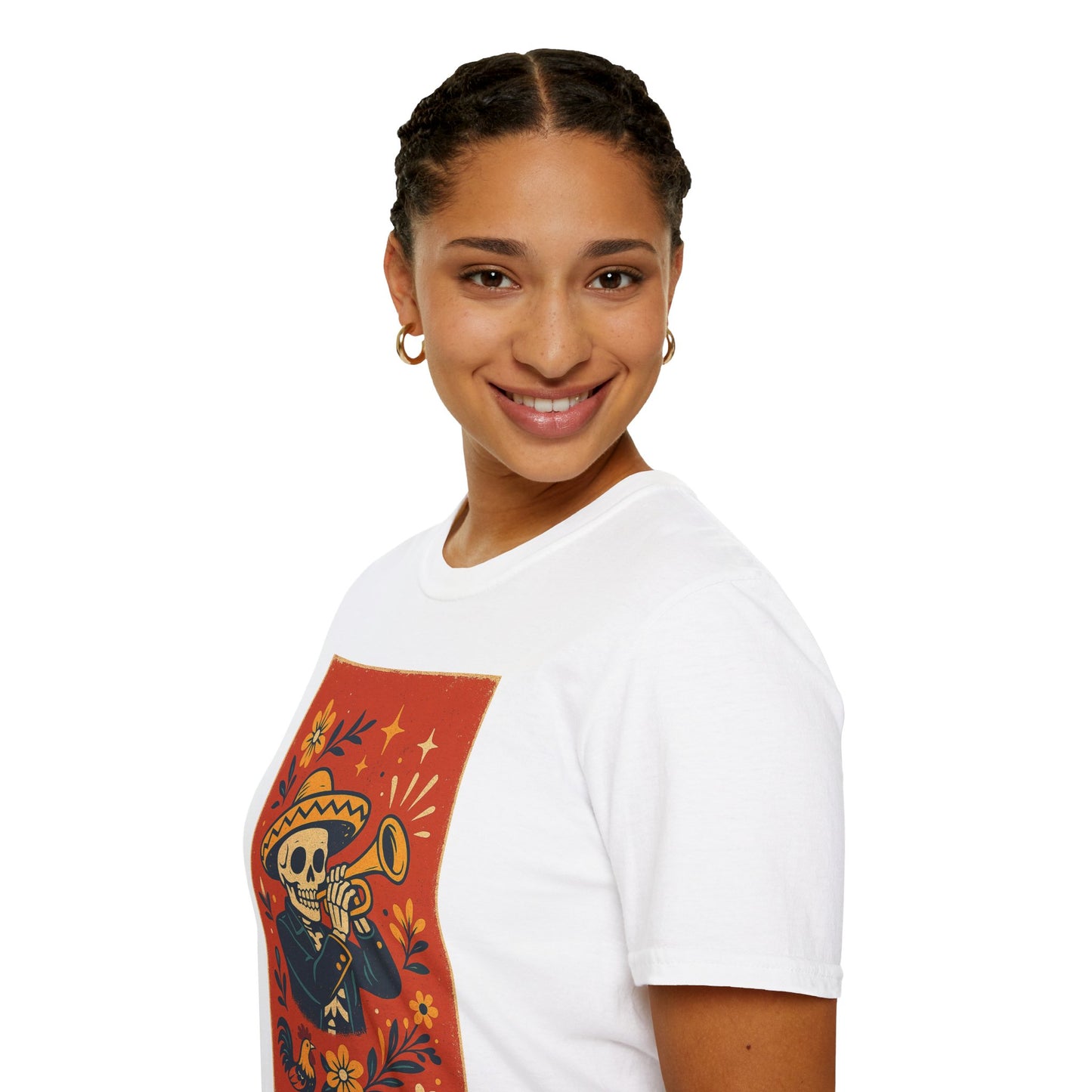 Day of the Dead Skeleton T-Shirt | Unisex Softstyle T-Shirt | Trumpet Playing Skeleton