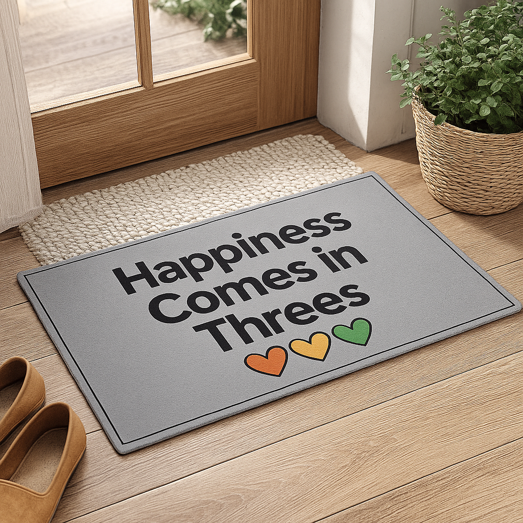 Happiness Comes in Threes Doormat | Throuple Home Decor, Funny Welcome Mat, LGBTQ+ Gift, Housewarming Entry Rug, Seasonal Door Mat