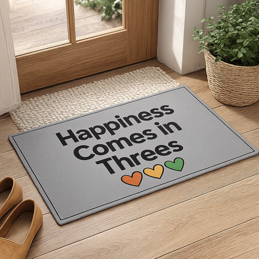 Happiness Comes in Threes Doormat | Throuple Home Decor, Funny Welcome Mat, LGBTQ+ Gift, Housewarming Entry Rug, Seasonal Door Mat