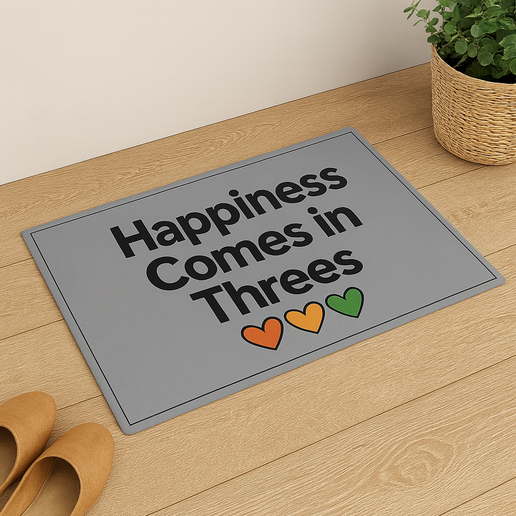 Happiness Comes in Threes Doormat | Throuple Home Decor, Funny Welcome Mat, LGBTQ+ Gift, Housewarming Entry Rug, Seasonal Door Mat