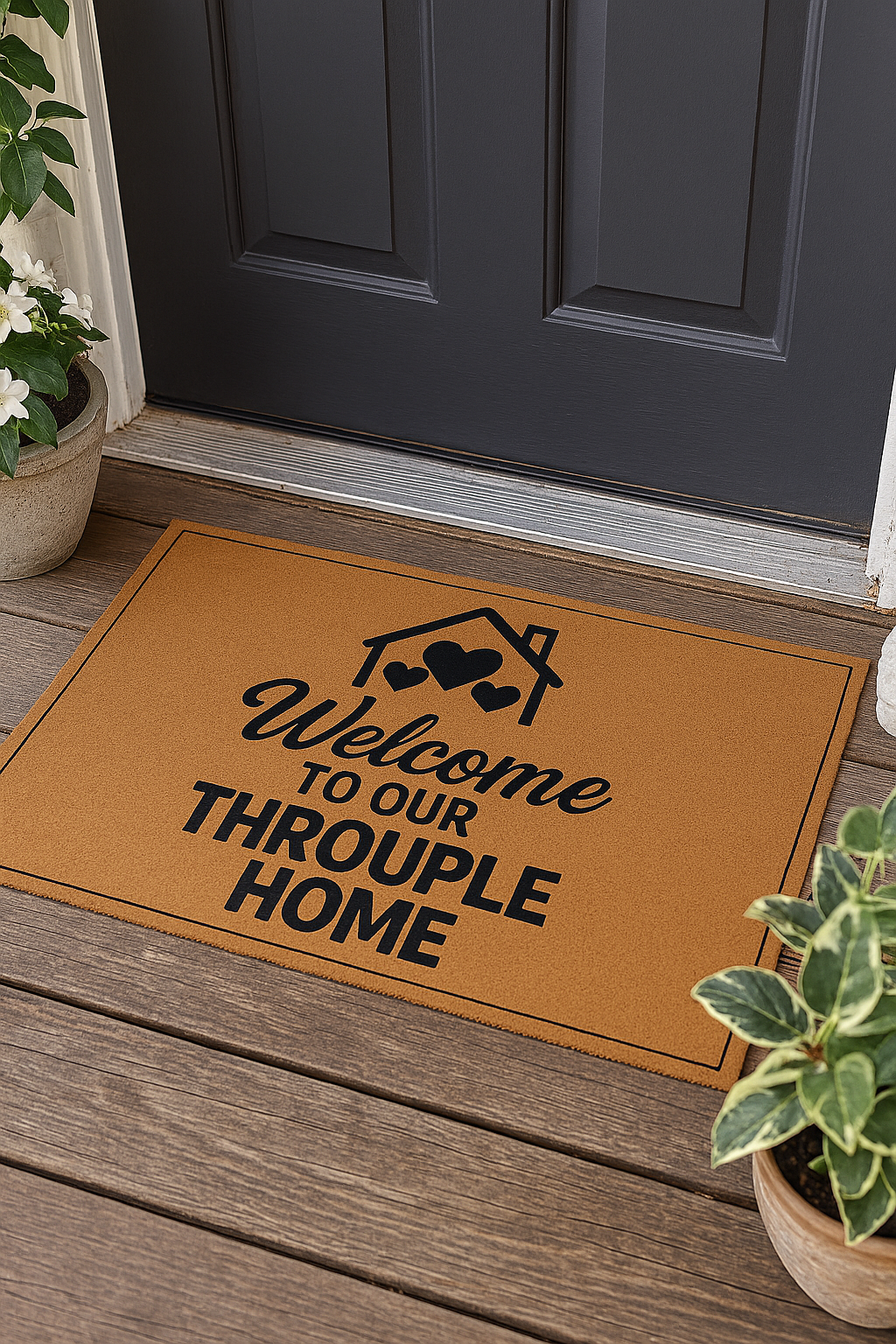 Welcome to Our Throuple Home Doormat | Funny LGBTQ Welcome Mat, Poly Doormat, Throuple Housewarming Gift, Entryway Rug