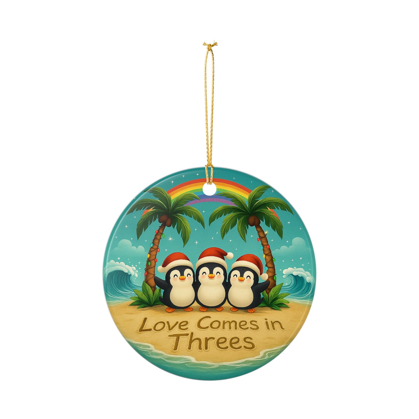 Love Comes in Threes Ceramic Ornament | Penguin Trio Beach Christmas | Throuple Ornament