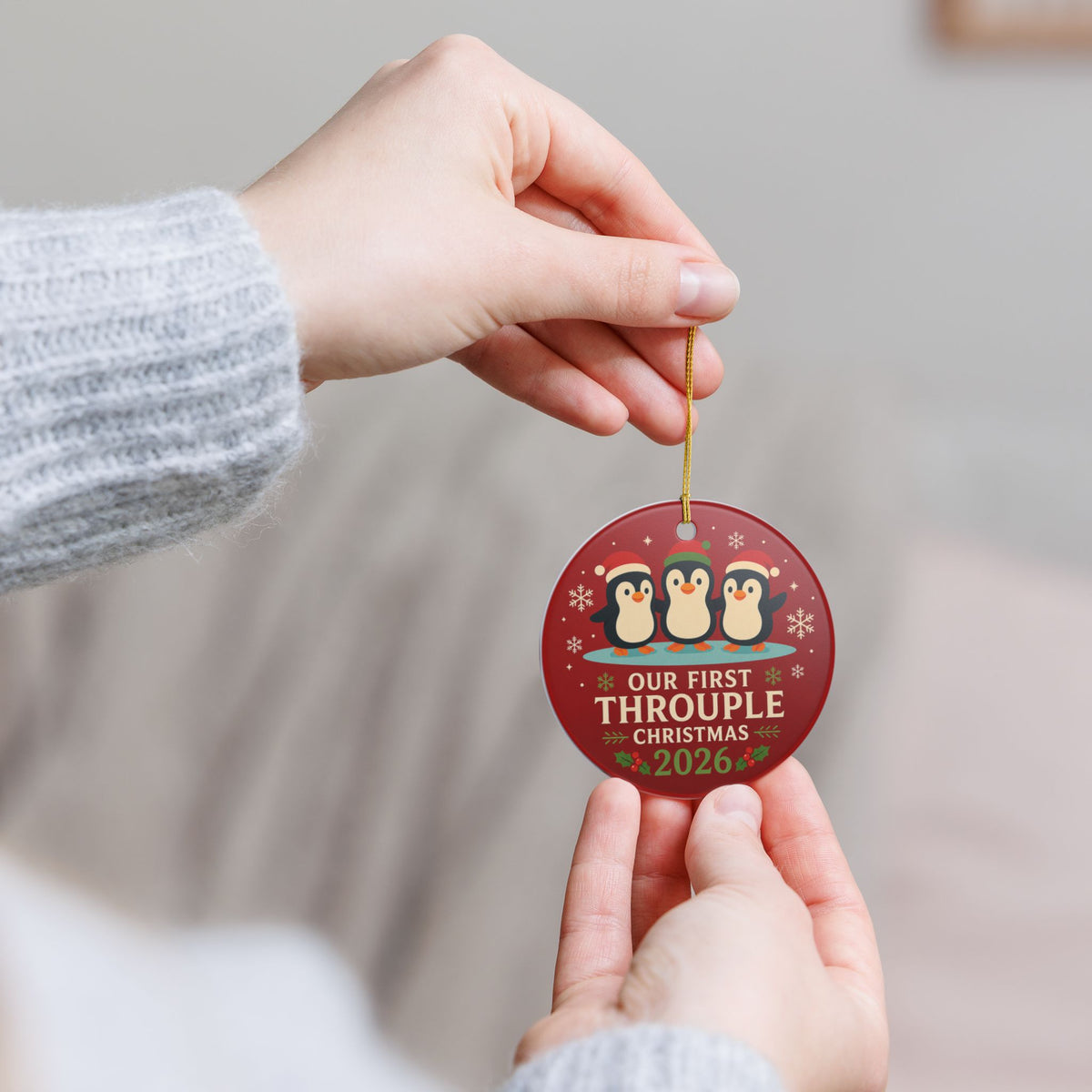 Our First Throuple Christmas 2026 Ornament | Penguin Ceramic Ornament | Polyamory Christmas Gift | LGBTQ+ Holiday Keepsake