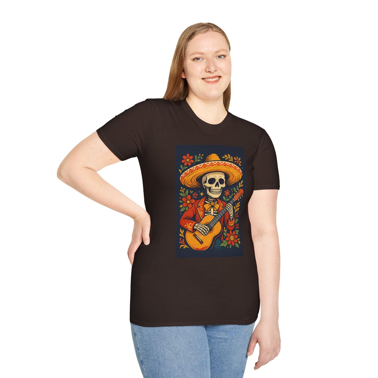 Day of the Dead Guitar Skeleton T-Shirt | Unisex Softstyle T-Shirt | Vibrant Colorful Skeleton