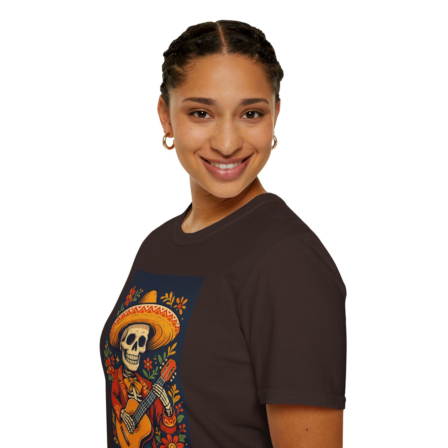 Day of the Dead Guitar Skeleton T-Shirt | Unisex Softstyle T-Shirt | Vibrant Colorful Skeleton
