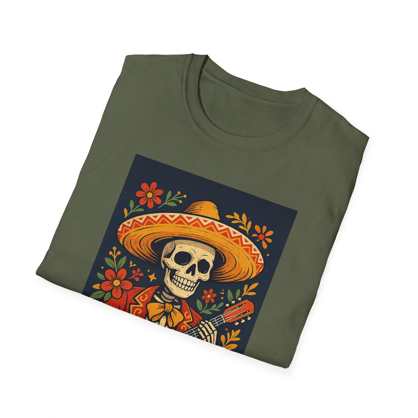 Day of the Dead Guitar Skeleton T-Shirt | Unisex Softstyle T-Shirt | Vibrant Colorful Skeleton