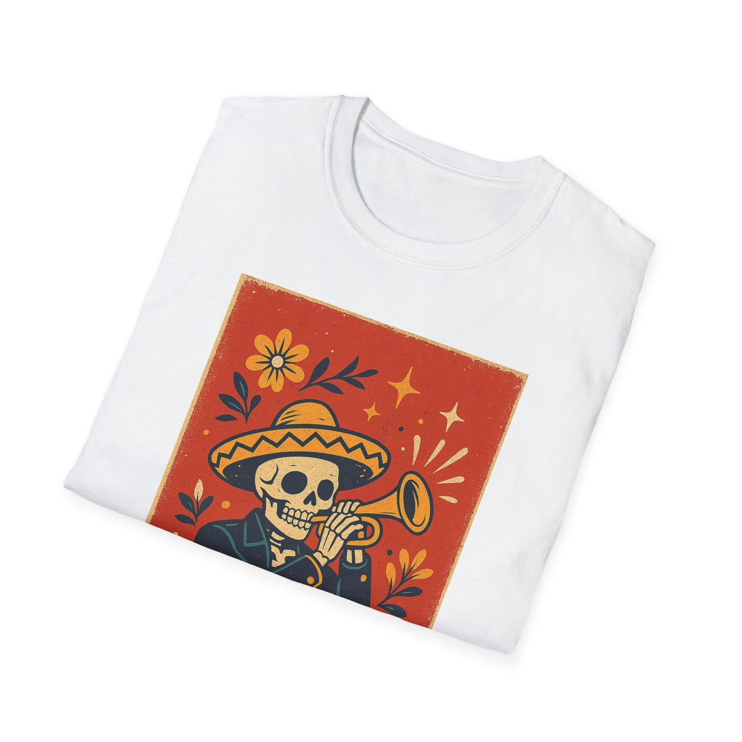 Day of the Dead Skeleton T-Shirt | Unisex Softstyle T-Shirt | Trumpet Playing Skeleton