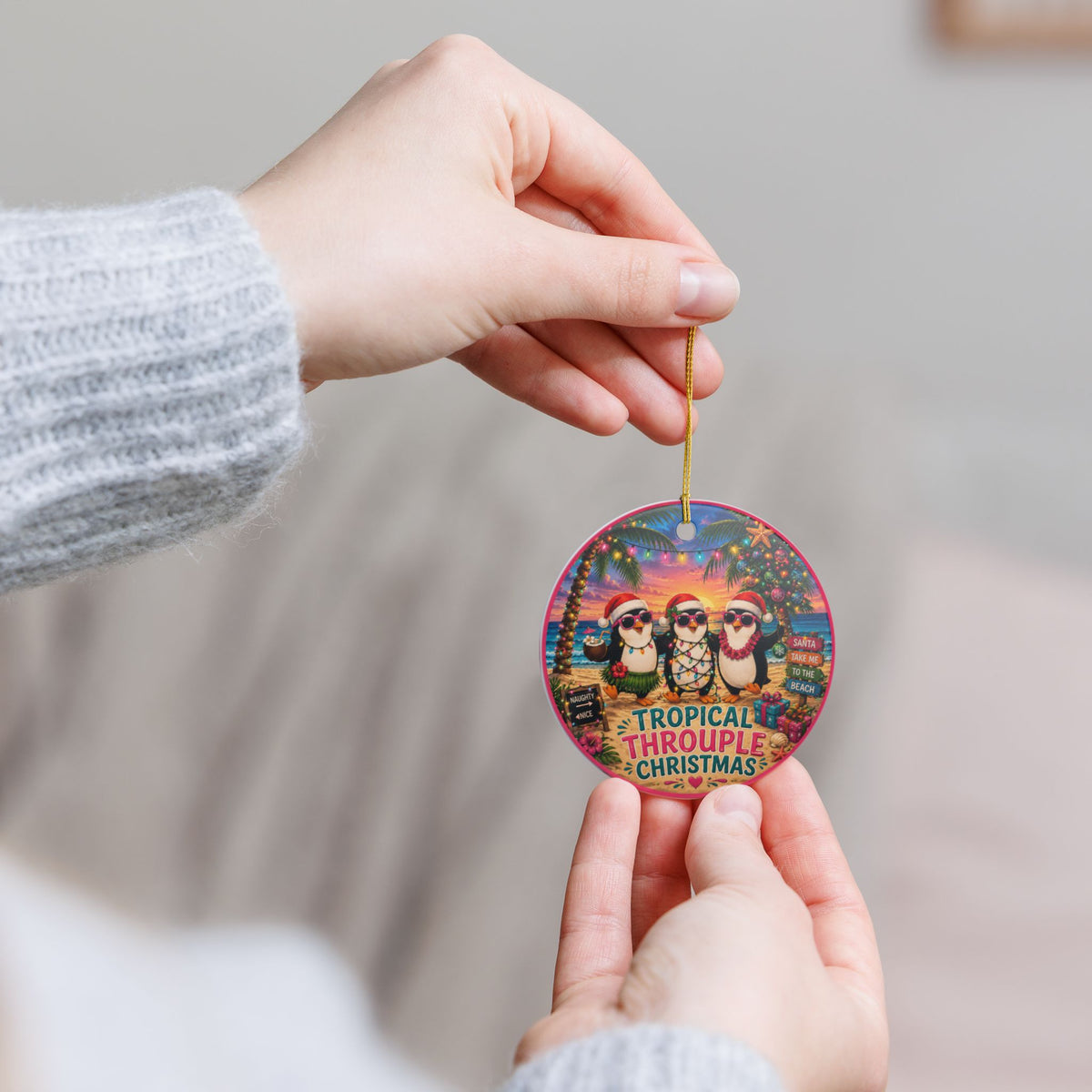 Tropical Throuple Christmas Ornament | Penguin Beach Christmas Decor | Polyamory Gift | LGBTQ+ Holiday Ornament